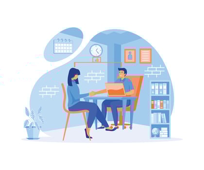 job interview women in flat style. Jobseeker and employer sit at the table and talk.  flat vector modern illustration