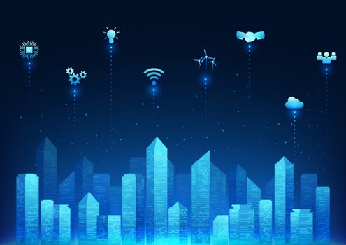 Background of the city of the future, Smart city that uses modern technology to help manage the well-being of people and the economy to grow even more. A city connected access to communication vector