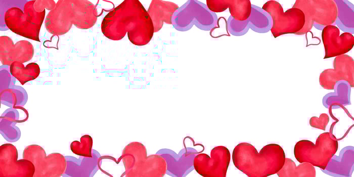 Horizontal frame for Valentines Day, Mothers Day for friends. Watercolor and marker illustration. Background of pink, purple hearts with place for text. Love.Handmade isolated art vector