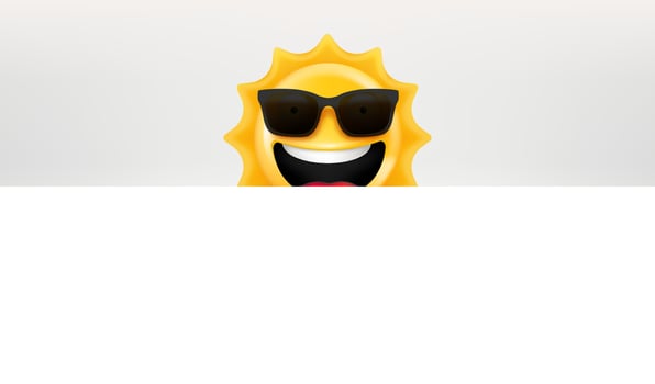 Cute happy sun emoji with sunglasses looking on you. 3d vector illustration with copy space