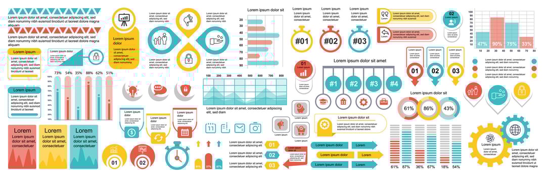 Mega set of infographic elements data visualization vector design template. Can be used for steps, options, business process, workflow, diagram, flowchart, timeline, marketing. Bundle info graphics.