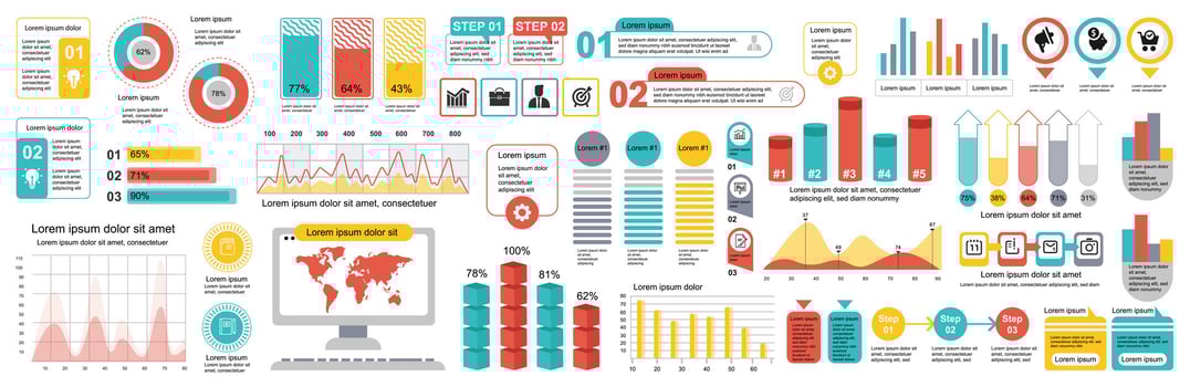 Mega set of infographic elements data visualization vector design template. Can be used for steps, options, business process, workflow, diagram, flowchart, timeline, marketing. Bundle info graphics.