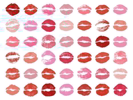 Kiss marks in pink and red colors. Set of lip prints for Valentine's Day, Kiss Day, love, and beauty themes. Lipstick imprints, makeup vector illustration.