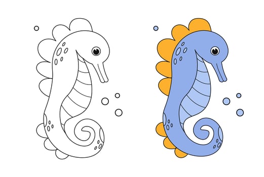 Cartoon seahorse coloring book page with colorful template. Cute crab colorig book. Underwater ocean life, marine animal. Funny crab isolated contour. Kids animals coloring book page. Vector