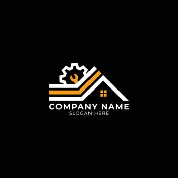 a house repair related logo with gears and a house on it vector