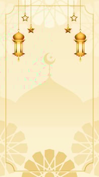 Satin Cream White Simple Islamic Blank Vertical Vector Background Decorated With Hanging Lantern And Golden Stars