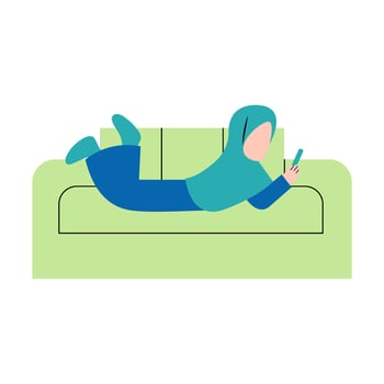 Hijab Woman Playing Smartphone On Sofa vector