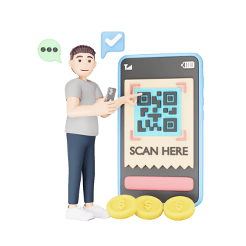 Digital Illustration of 3D Character Scanning QR Code on Smartphone png