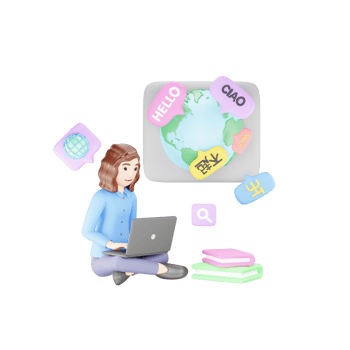 Global Language Learning - 3D Character Woman Studying Multilingual Skills - Cartoon Illustration png