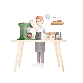 3D Character Making Coffee in Mixer - Barista Skills Illustration png