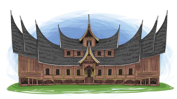 Rumah Gadang West Sumatra Indonesia Traditional House Cartoon Hand Drawn Illustration vector