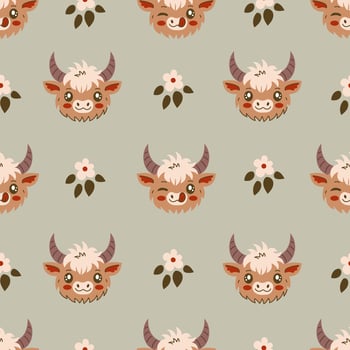 Highland cow and flowers seamless pattern vector