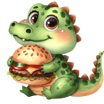 AI generated cute cartoon alligator holding a hamburger png