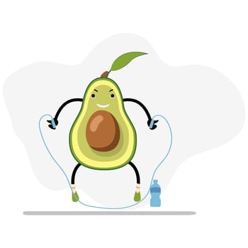 Avocado jump with skipping rope, healthy and useful. Avocado cartoon, sport workout, healthy organic, active exercise and concept vegetarian mascot, vector illustration