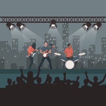Rock concert festival, popular band on stage, cartoon fans and spectators listen to music, entertainment show and world tour. Vector rock and roll, punk or metal, singer and spectators illustration