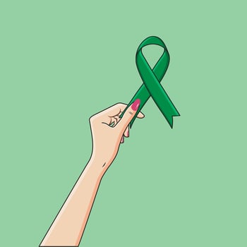 Female Hand Holding Emerald Green Satin Ribbon Liver Cancer Awareness Oncology Vector Illustration