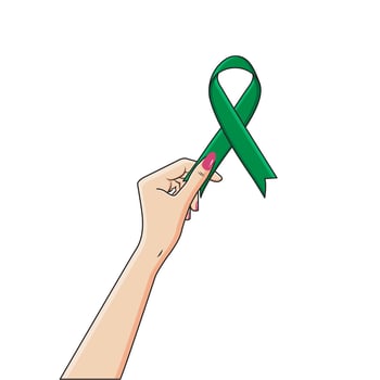 Female Hand Holding Emerald Green Satin Ribbon Liver Cancer Awareness Oncology Vector Illustration