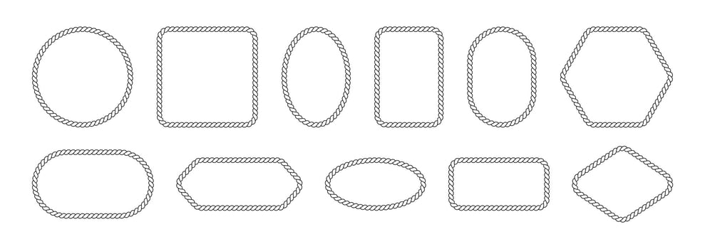 Vector rope frames. Borders of different geometric shapes are round, oval and square. Collection of isolated elements on a white background.
