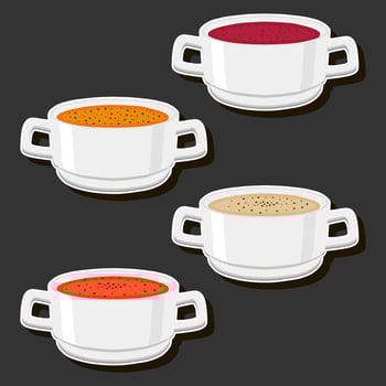 Illustration on theme big set various types beautiful tasty edible hot homemade soups vector