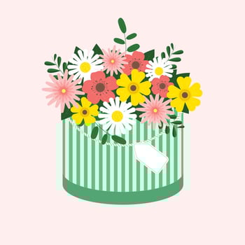 Flower box for gift. Beautiful box with colorful flowers as a gift. A gift for Valentines Day, International Womens Day. Vector illustration