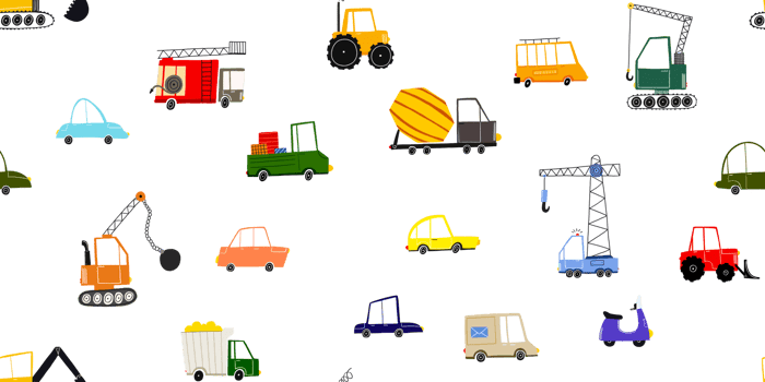 Seamless pattern with hand-drawn cars. Cartoon background for children. Children's City map with cartoon transport. Seamless background with hand drawn cars, trucks, excavator, tractor and firetruck png