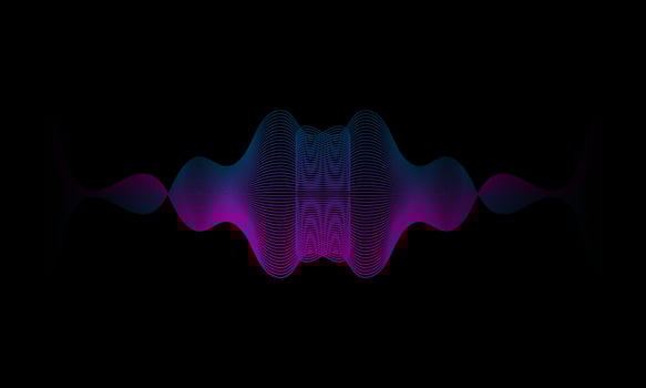 Science, technology, sound wave, and digital communication concepts. Flowing lines and dot blue and purple wave patterns on a black background. vector