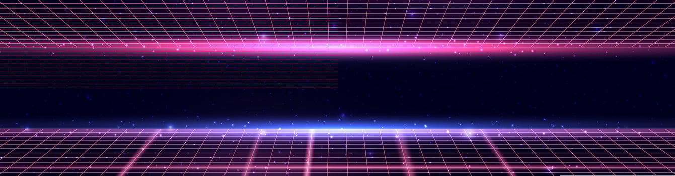 Wireframe perspective grid. Space neon infinity mesh, abstract retro  background. Vector illustration