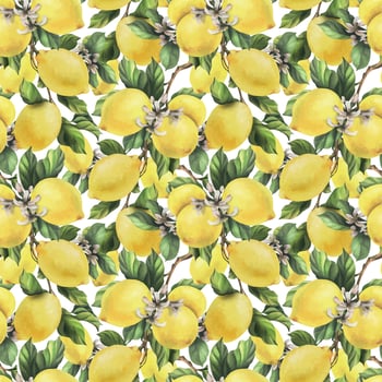 Lemons are yellow, juicy, ripe with green leaves, flower buds on the branches, whole and slices. Watercolor, hand drawn botanical illustration. Seamless pattern vector