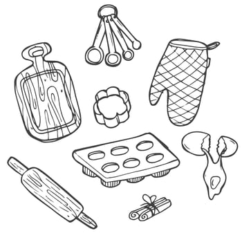 Doodle set of bake ware - baking cups, equipment, dish, bowl, tin, cake plate, muffin, gateau, hand-drawn. Vector sketch illustration isolated over white background.