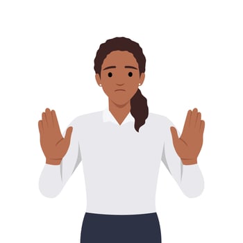 businesswoman is expressing refusal. The woman says STOP with the gesture. The girl expresses protest and disagreement. vector