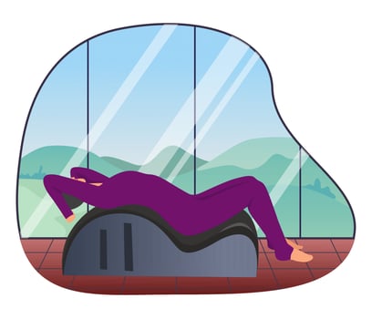 Woman doing Pilates with equipment. Equipment  - back corrector for Pilates. The background is high windows, outside the window there is nature, mountains, trees, blue sky. Atmospheric. Vector
