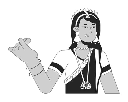 Female bharatanatyam dancer black and white 2D line cartoon character. Ethnic wear indian woman isolated vector outline person. Hindu festival of lights Deepawali monochromatic flat spot illustration