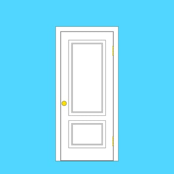 White door with a golden round handle. Interior or entrance door on hinges with a white door box. vector