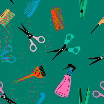 Seamless pattern with hand drawn hairdressing salon objects on a dark background. Vector illustration of hairbrush, scissors.Wallpaper, textile, wrapping paper design template.