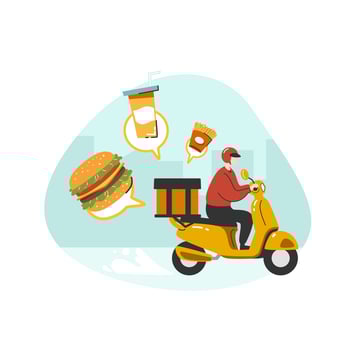 A food raider deliver food by yellow scooter motorcycle to home flat vector illustration isolated on white background. Online food delivery service concept. Delivery home and office