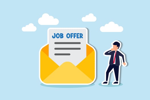 Job offer or job opportunity to be promoted or new position for higher salary, employment and recruitment, human resources concept, businessman candidate thinking to accept job offer email envelope. vector