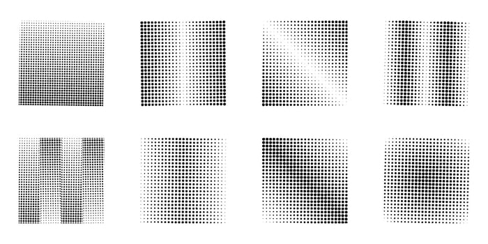 Set of square shaped halftone dots isolated on white background. Abstract dot squares, square halftones, gradient and pop art textures. Illustration of halftone gradient spots vector
