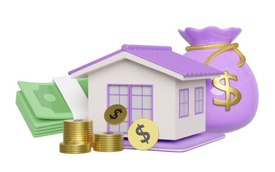 home with gold coins pile, banknote stack, money bag isolated. saving money to buy a house concept, 3d illustration render png