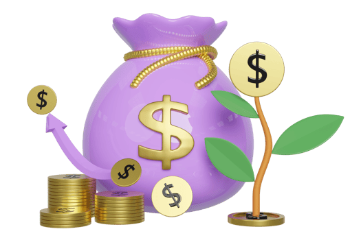 3D money bag with gold coins pile, tree, graph arrow isolated. financial success and growth or saving money concept, 3d render illustration png