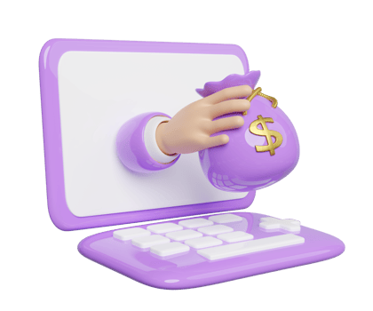 3d Laptop with cartoon businessman hands holding money bag dollar isolated. Quick credit approval or loan approval concept, 3d render illustration png