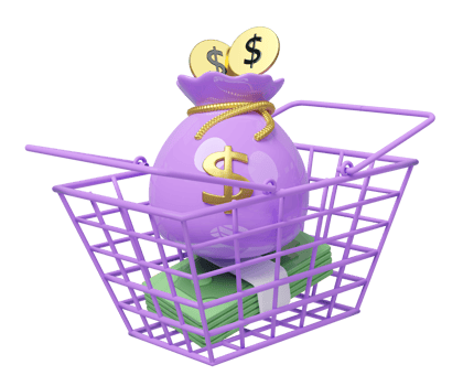 basket money with bag, coin dollar isolated. economic movements or business finance concept, 3d illustration render png