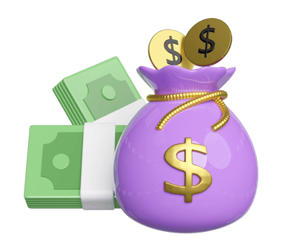 3D money bag with coins banknotes stack isolated. 3d render illustration png