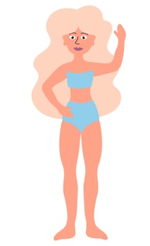 Body positive concept. Happy Slim Woman in blue swimsuit standing. Cartoon flat illustration. vector