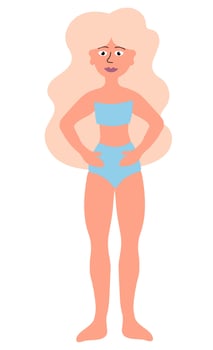 Body positive concept. Happy Slim Blond Woman in blue swimsuit standing. Cartoon flat illustration. vector