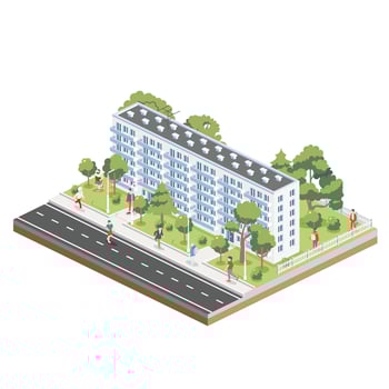 Isometric residential six storey building with people, road and trees. Icon or infographic element. City home. Architectural symbol isolated on white background. 3D object. vector