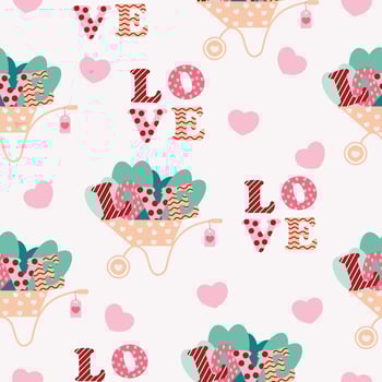 cute pink valentine love heart in wheelbarrow seamless pattern vector illustration