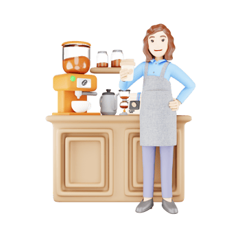 Girl Standing by Coffee Counter - 3D Character Illustration - Cafe Scene png