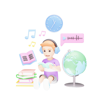 Student Learning and Playing Songs on Headphones - Creative 3D Character Illustration png