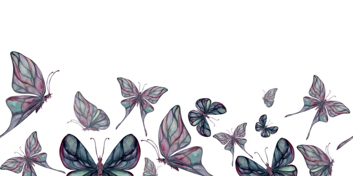 Hand drawn watercolor illustration butterfly fairy wings gem crystal insect moth. Amethyst emerald fluorite moonstone. Seamless border isolated white background. Design print, shop, wedding, birthday vector