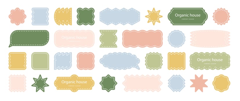 Set of geometric sticker badges vector. Organic banner collection of contemporary figure, polygon, star, sun, flower. Eco friendly design for signs, tags, packaging, logo labels, stamp, patches. vector
